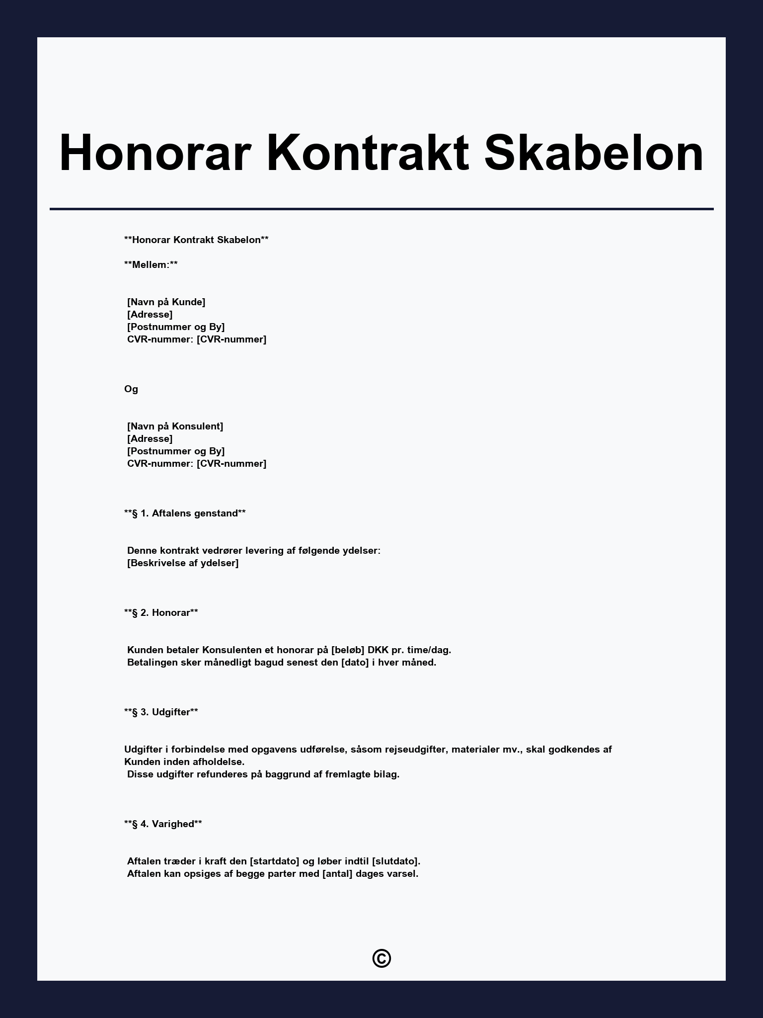Honorar Kontrakt Skabelon