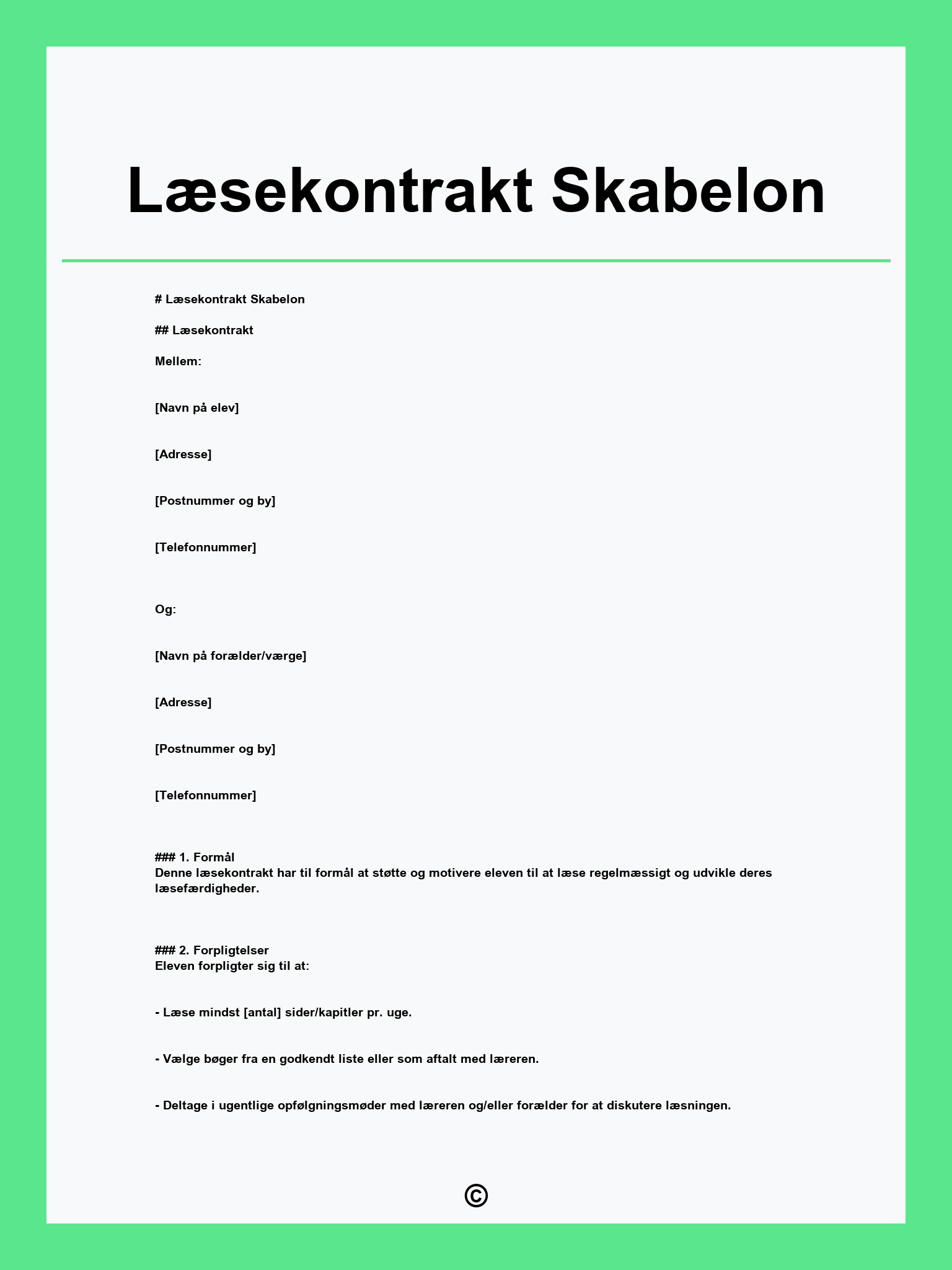Læsekontrakt Skabelon