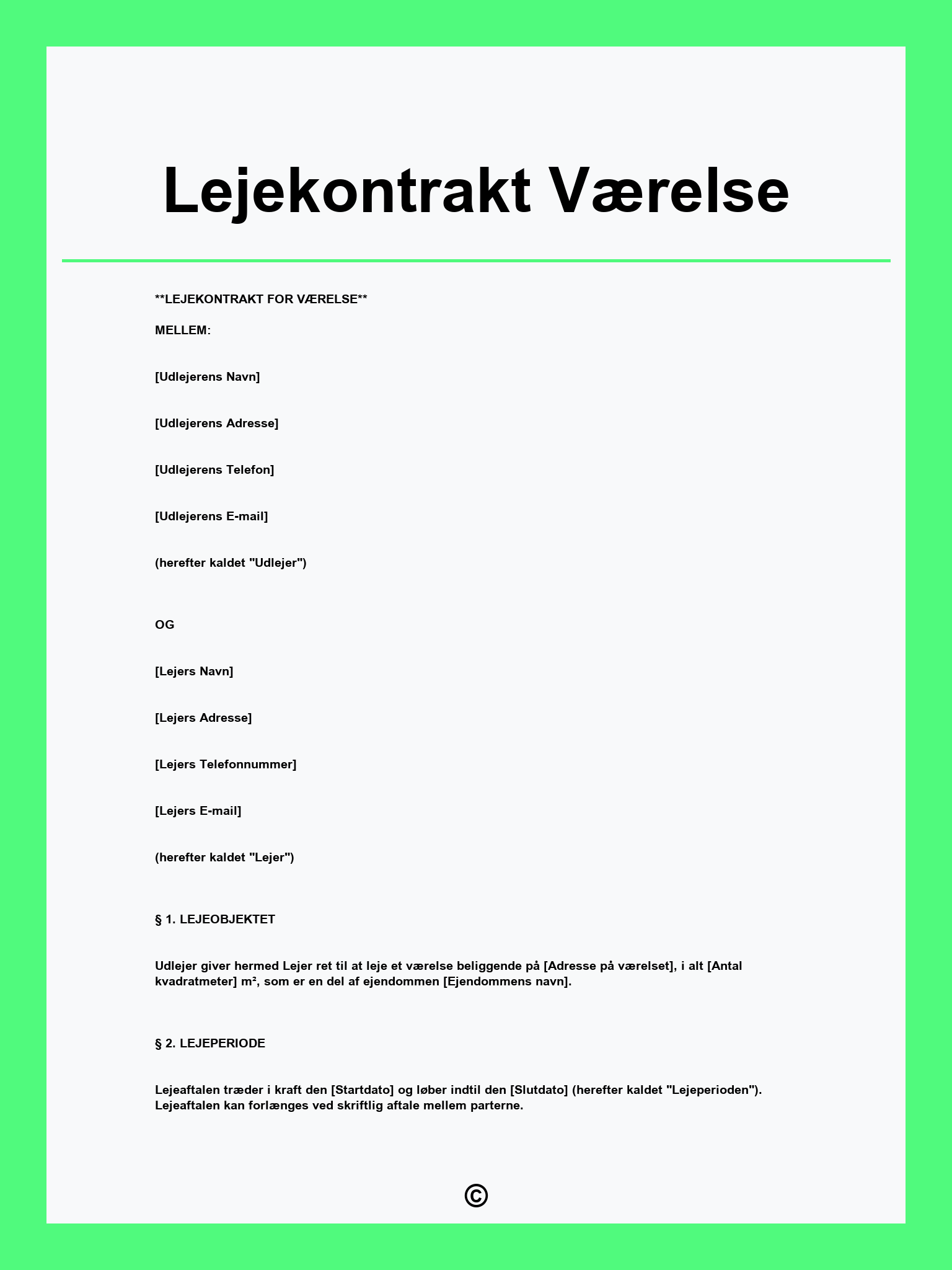 Lejekontrakt Værelse